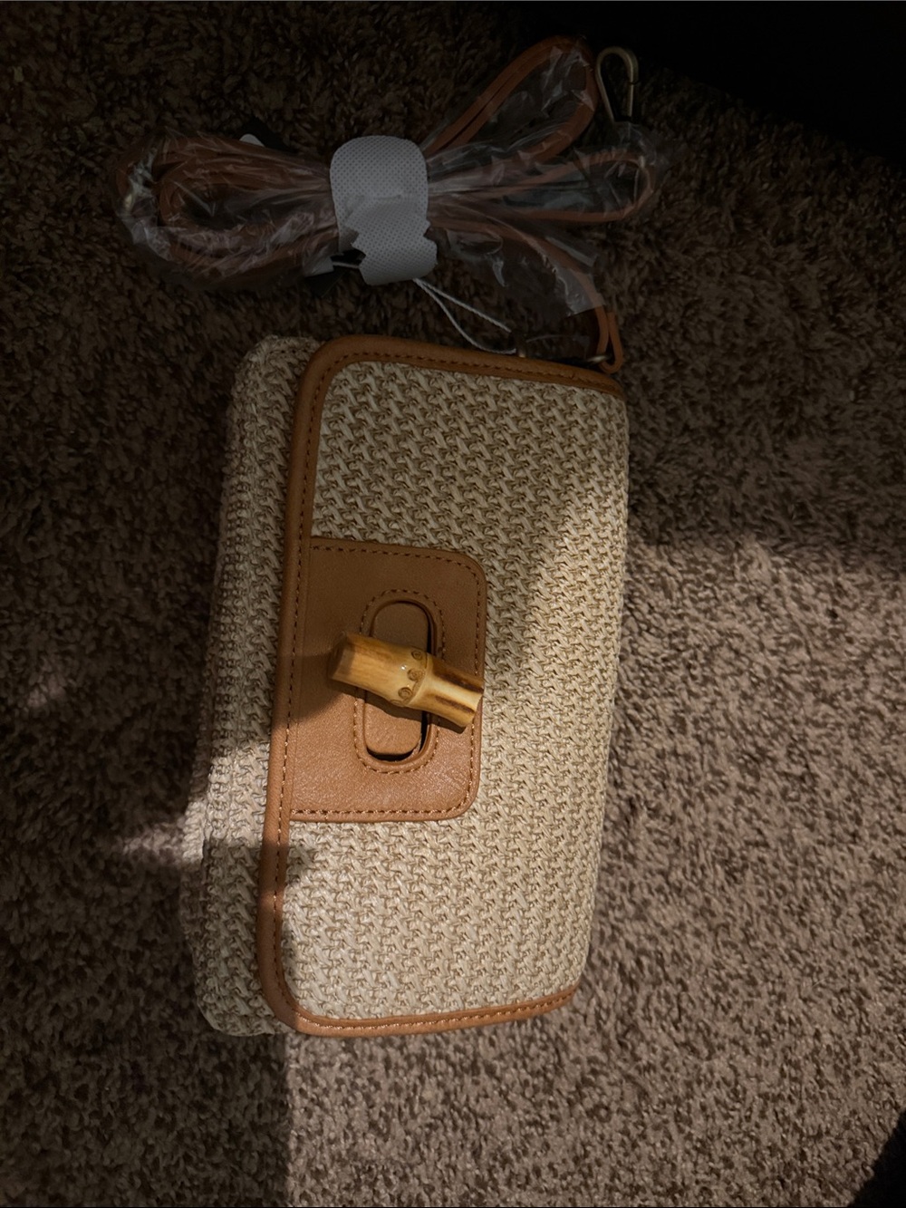 Woven Straw Crossbody Bag with Tan Trim